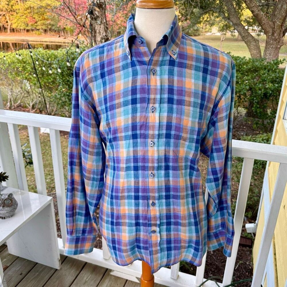Robert Talbott Plaid Linen Shirt. Large.